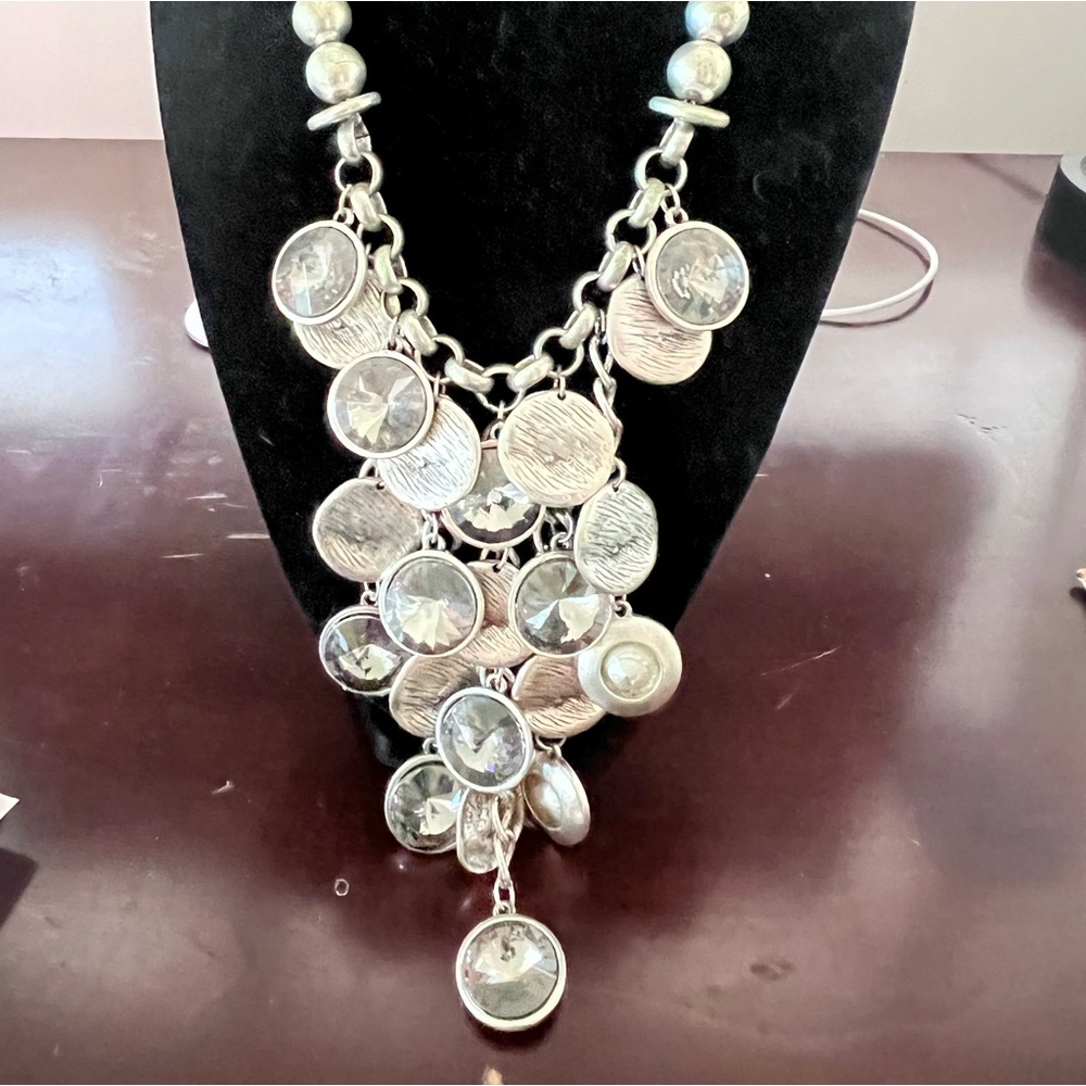 Silver Grey Jewled Disc Beaded Tiered Necklace